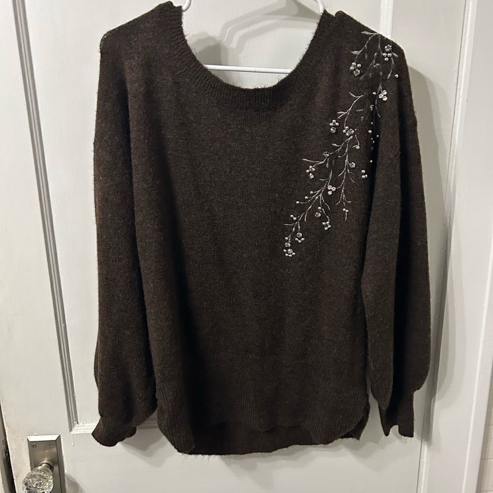 Democracy Brown Crew Neck Sweater with Embellished Shoulder